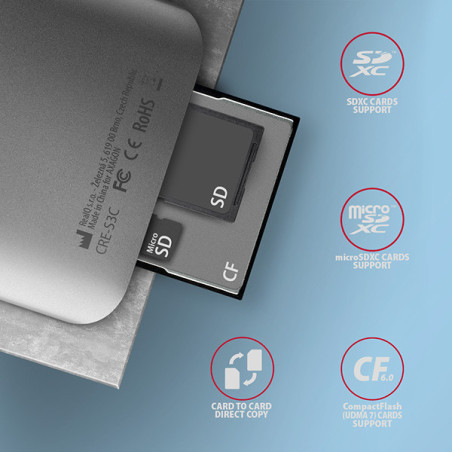 AXAGON CRE-S3C, USB-C 3.2 Gen 1 - SUPERSPEED čítačka kariet 3-slot & lun SD/microSD/CF, podpora UHS-II