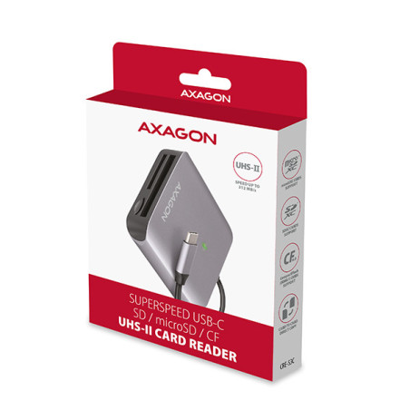 AXAGON CRE-S3C, USB-C 3.2 Gen 1 - SUPERSPEED čítačka kariet 3-slot & lun SD/microSD/CF, podpora UHS-II