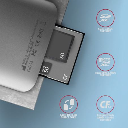 AXAGON CRE-S3, USB-A 3.2 Gen 1 - SUPERSPEED čítačka kariet, 3-slot & lun SD/microSD/CF, podpora UHS-II