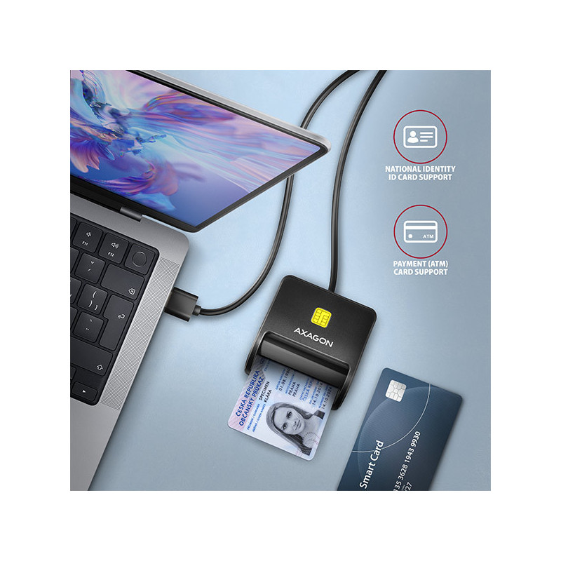 AXAGON CRE-SM3N, USB-A FlatReader čítačka kontaktných kariet Smart card (eObčanka), kábel 1.3m