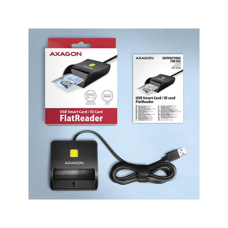 AXAGON CRE-SM3N, USB-A FlatReader čítačka kontaktných kariet Smart card (eObčanka), kábel 1.3m