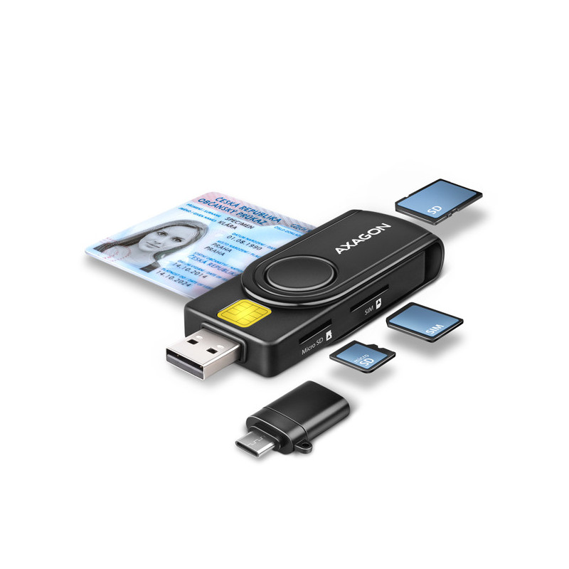 AXAGON CRE-SMP2A, USB-A + USB-C PocketReader 4-slot čítačka Smart card (eObčanka) + SD/microSD/SIM