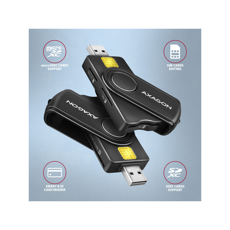 AXAGON CRE-SMP2A, USB-A + USB-C PocketReader 4-slot čítačka Smart card (eObčanka) + SD/microSD/SIM