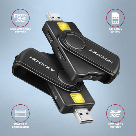 AXAGON CRE-SMP2A, USB-A + USB-C PocketReader 4-slot čítačka Smart card (eObčanka) + SD/microSD/SIM