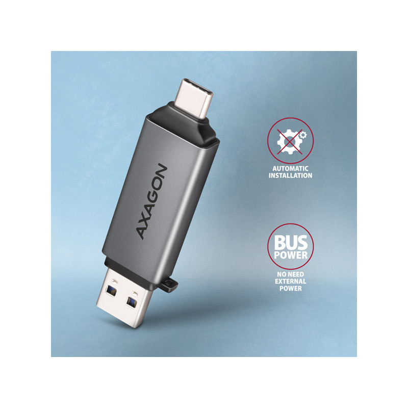 AXAGON CRE-DAC, USB-C + USB-A, 5 Gbps - MINI čítačka kariet, 2-slot & lun SD/microSD, podpora UHS-I
