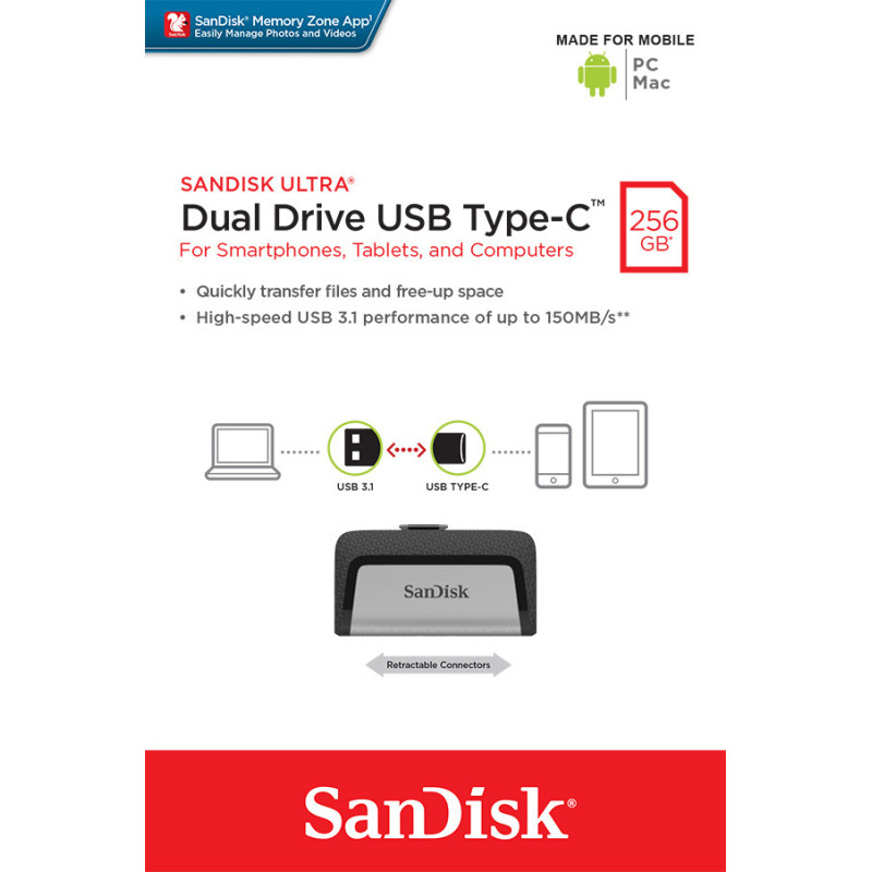 SanDisk Ultra Dual/256 GB/USB 3.1/USB-A + USB-C/Sivá