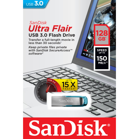 SanDisk Ultra Flair/128GB/USB 3.0/USB-A/Modrá