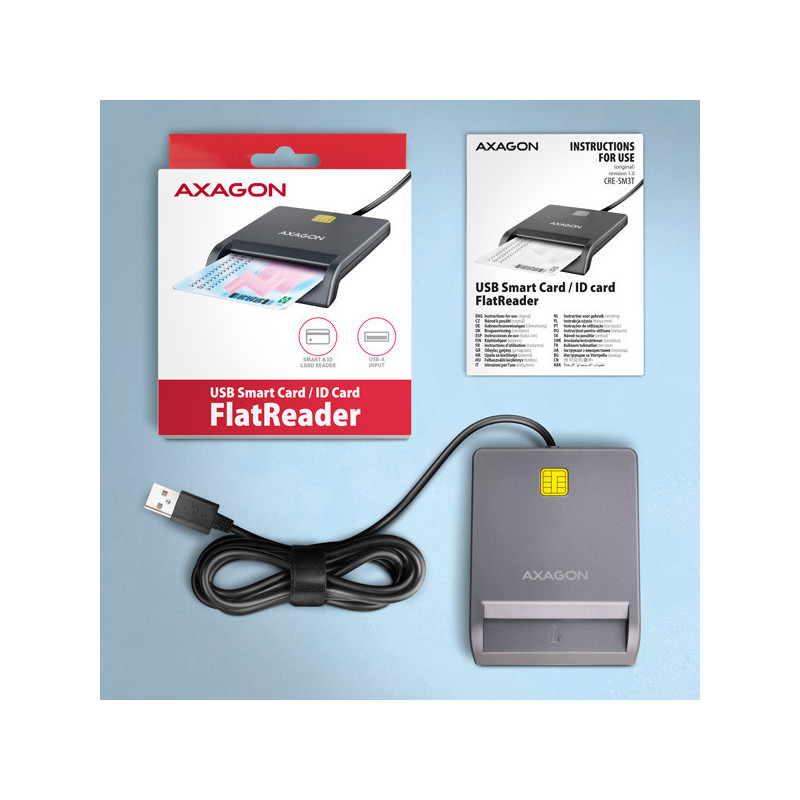 AXAGON CRE-SM3T, USB-A FlatReader čítačka kontaktných kariet Smart card (eObčanka), kábel 1.3m