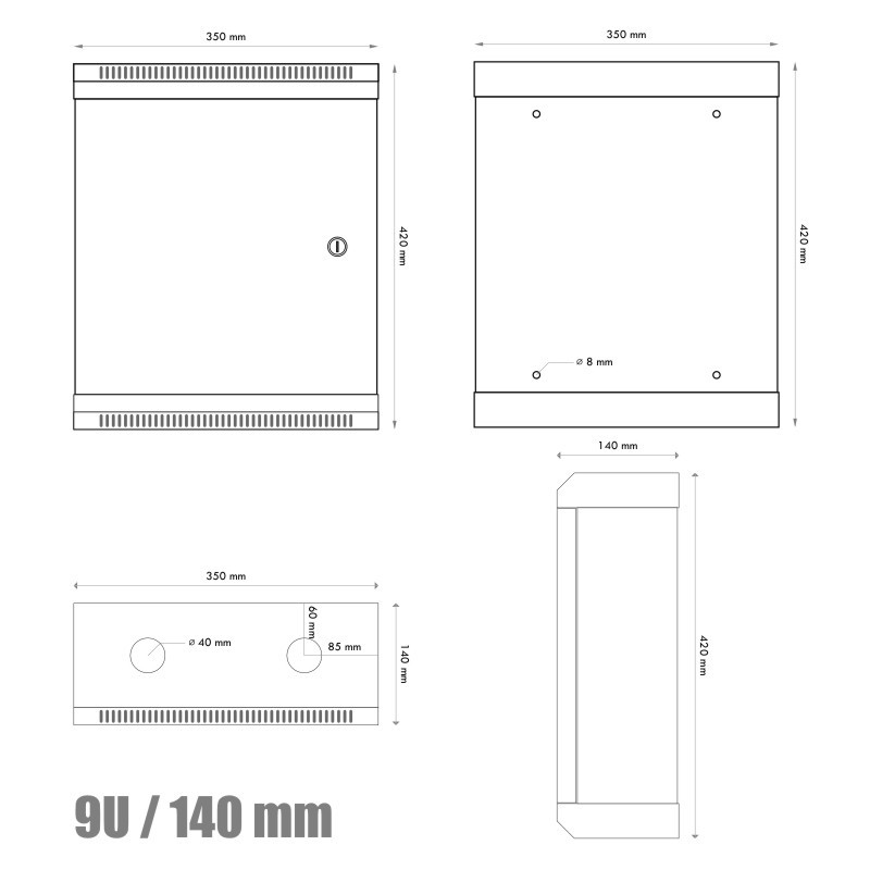 10" rack jednodielny 9U/140 DATACOM čierny plech.dvere