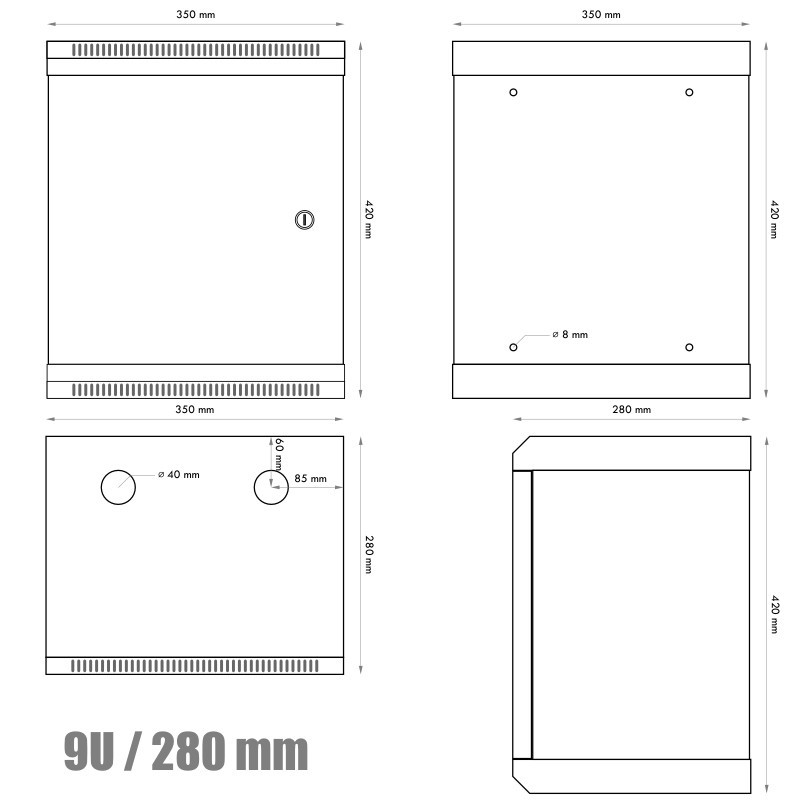 10" rack jednodielny 9U/280 DATACOM sivý plech.dv.
