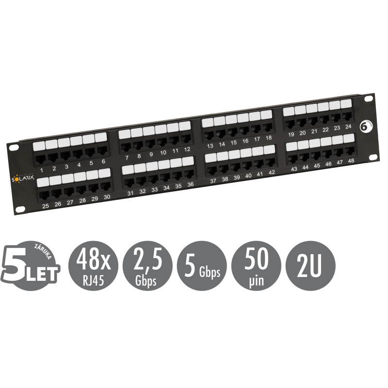 19" patch panel Solarix 48 x RJ45 CAT6 UTP 350 MHz čierny 2U SX48-6-UTP-BK