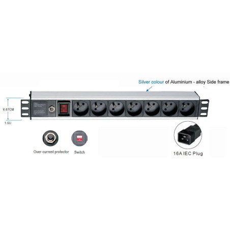 19" rozvodný panel 1,5 U, 7x220V, koncovka IEC C19,16A