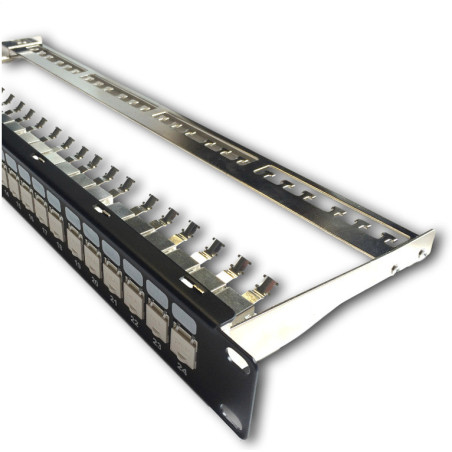 DATACOM Patch panel 19" STP 24 port CAT6A 1U čierny, vyvaz.lišta, beznástrojový