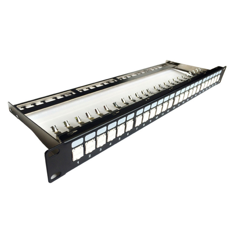 DATACOM Patch panel 19" STP 24 port CAT6A 1U čierny, vyvaz.lišta, beznástrojový