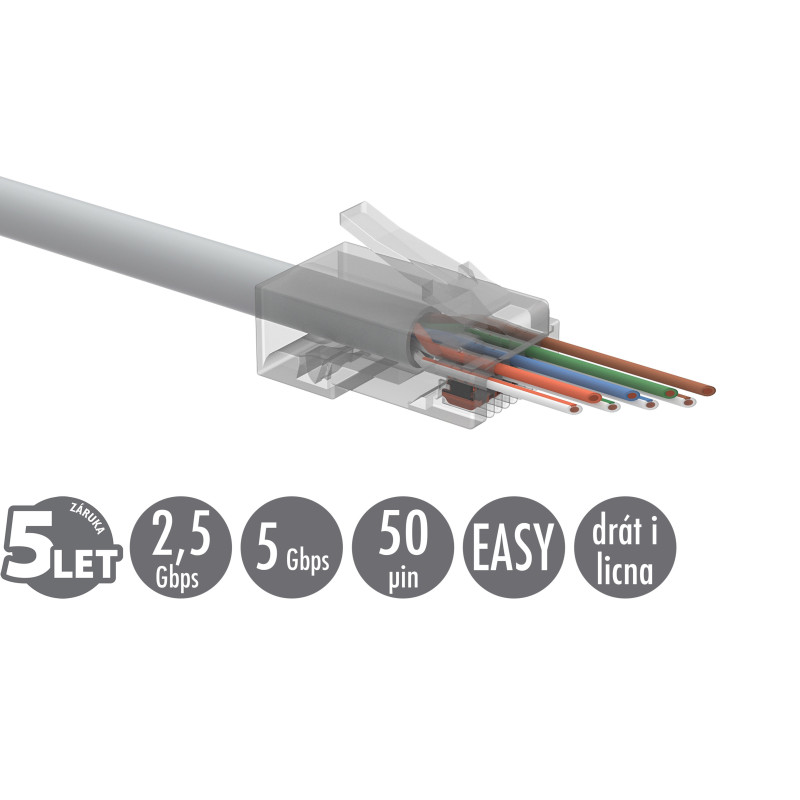 Univerzálny EASY konektor RJ45 CAT5E UTP 8p8c na drôt aj licnu SXRJ45-5E-UTP-EASY 100ks