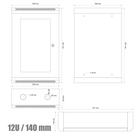 10" rack jednodielny 12U/140 DATACOM čierny skl.dvere
