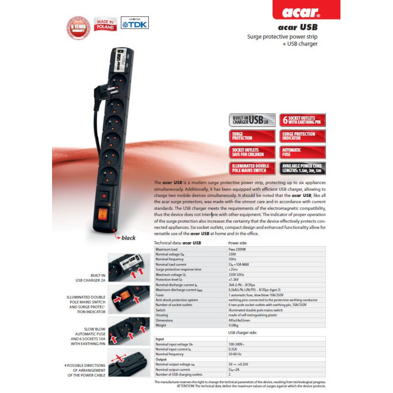 Acar USB 3m kábel 6 zásuviek 2xUSB prep.ochr.čierny