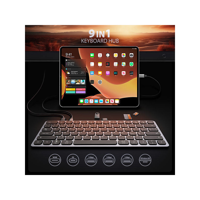 AXAGON HMC-KB-CS, USB 5Gbps hub s CZ/ SK klávesnicou, HDMI 4K/60Hz, 3x USB-A, SD/mSD, audio, PD 100W