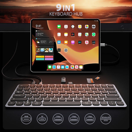 AXAGON HMC-KB-CS, USB 5Gbps hub s CZ/ SK klávesnicou, HDMI 4K/60Hz, 3x USB-A, SD/mSD, audio, PD 100W
