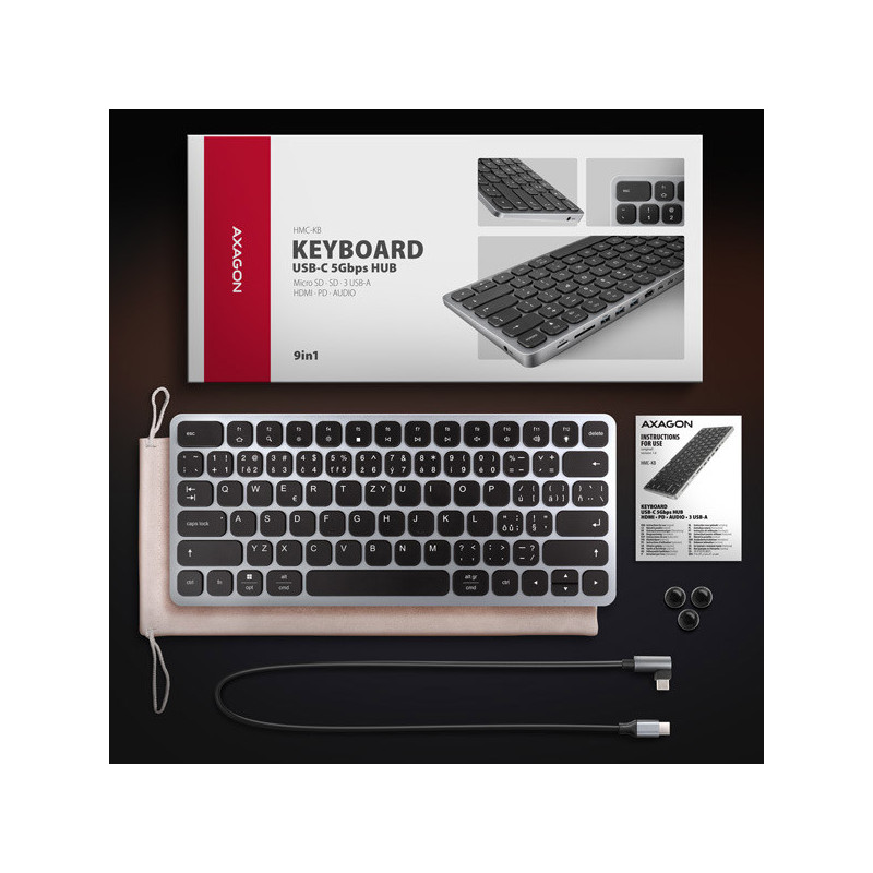 AXAGON HMC-KB-CS, USB 5Gbps hub s CZ/ SK klávesnicou, HDMI 4K/60Hz, 3x USB-A, SD/mSD, audio, PD 100W