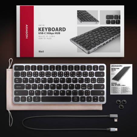 AXAGON HMC-KB-CS, USB 5Gbps hub s CZ/ SK klávesnicou, HDMI 4K/60Hz, 3x USB-A, SD/mSD, audio, PD 100W