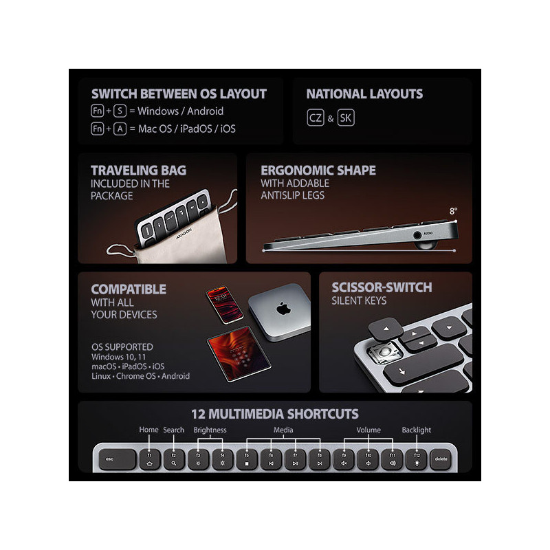 AXAGON HMC-KB-CS, USB 5Gbps hub s CZ/ SK klávesnicou, HDMI 4K/60Hz, 3x USB-A, SD/mSD, audio, PD 100W