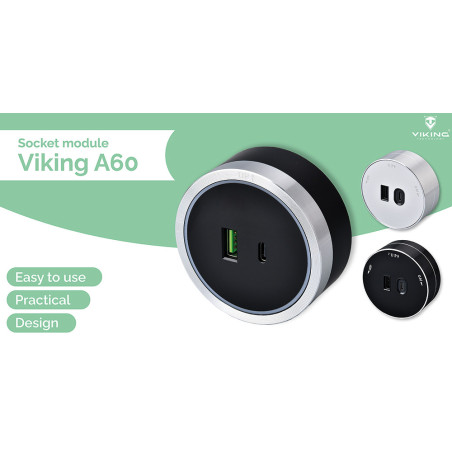 Zásuvkový modul Viking A60SB, strieborno-čierna/výstupy - 1xUSB-A, 1xUSB-C/výkon až 2500W/230V,16A,50Hz