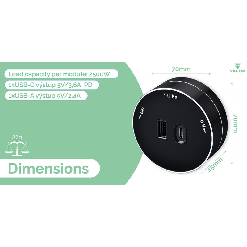 Zásuvkový modul Viking A60SB, strieborno-čierna/výstupy - 1xUSB-A, 1xUSB-C/výkon až 2500W/230V,16A,50Hz