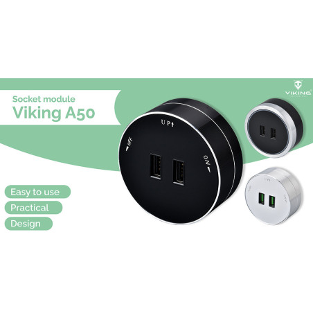 Zásuvkový modul Viking A50S, strieborná/výstupy - 1xUSB-A/výkon až 2500W/230V,16A,50Hz