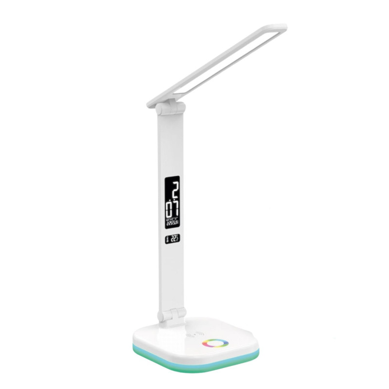 Platinet PDL711RGBW stolná LED lampa stmievateľná, bezdrôtové nabíjanie, hodiny, biela