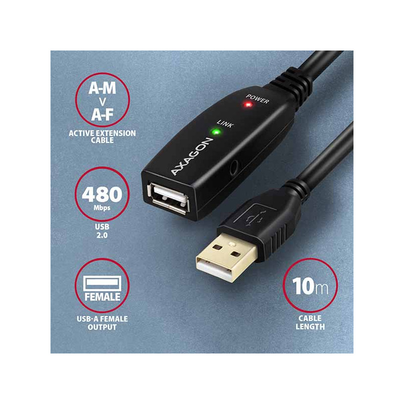 AXAGON ADR-210, USB 2.0 A-M → A-F aktívny predlžovací / repeater kábel, 10m