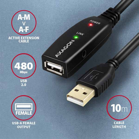 AXAGON ADR-210, USB 2.0 A-M → A-F aktívny predlžovací / repeater kábel, 10m
