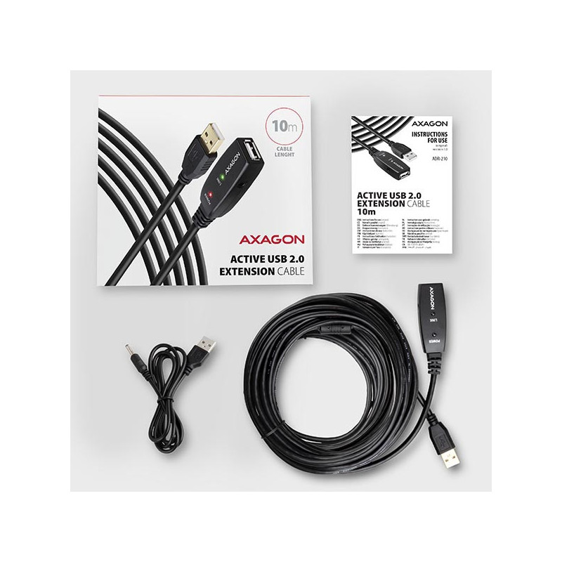 AXAGON ADR-210, USB 2.0 A-M → A-F aktívny predlžovací / repeater kábel, 10m