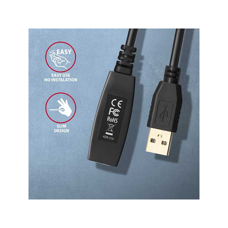 AXAGON ADR-210, USB 2.0 A-M → A-F aktívny predlžovací / repeater kábel, 10m