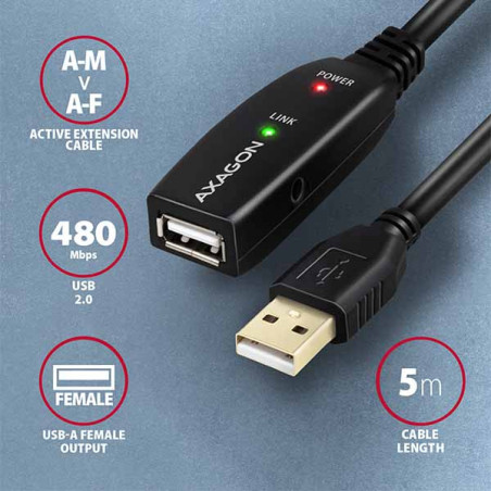 AXAGON ADR-205, USB 2.0 A-M → A-F aktívny predlžovací / repeater kábel, 5m