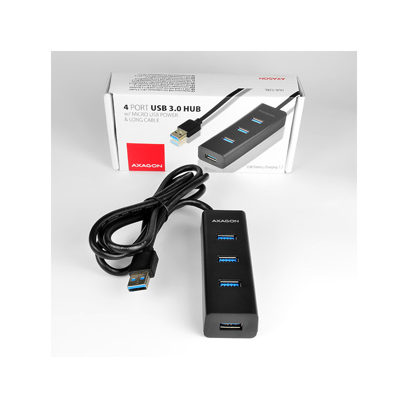 AXAGON HUE-S2BL, 4x USB 3.0 CHARGING hub, micro USB napr. konektor, kábel USB-A 1.2m