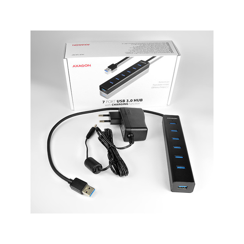 AXAGON HUE-SA7BP, 7x USB 3.0 ALU CHARGING hub, vr. AC adaptéra, kábel USB-A 40cm