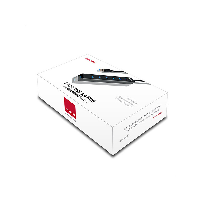 AXAGON HUE-SA7BP, 7x USB 3.0 ALU CHARGING hub, vr. AC adaptéra, kábel USB-A 40cm