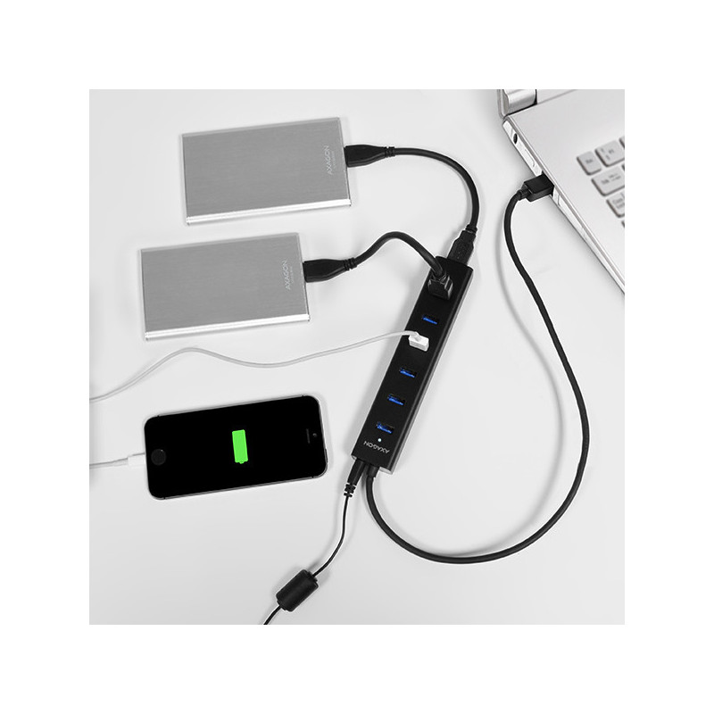 AXAGON HUE-SA7BP, 7x USB 3.0 ALU CHARGING hub, vr. AC adaptéra, kábel USB-A 40cm