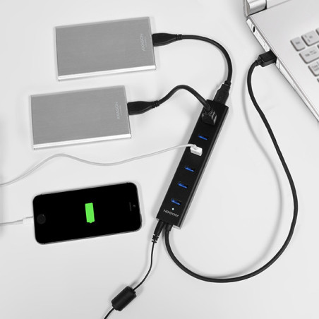 AXAGON HUE-SA7BP, 7x USB 3.0 ALU CHARGING hub, vr. AC adaptéra, kábel USB-A 40cm