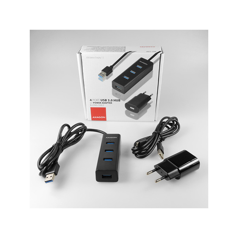 AXAGON HUE-S2BP, 4x USB 3.0 CHARGING hub, vr. AC adaptéra, kábel USB-A 1.2m