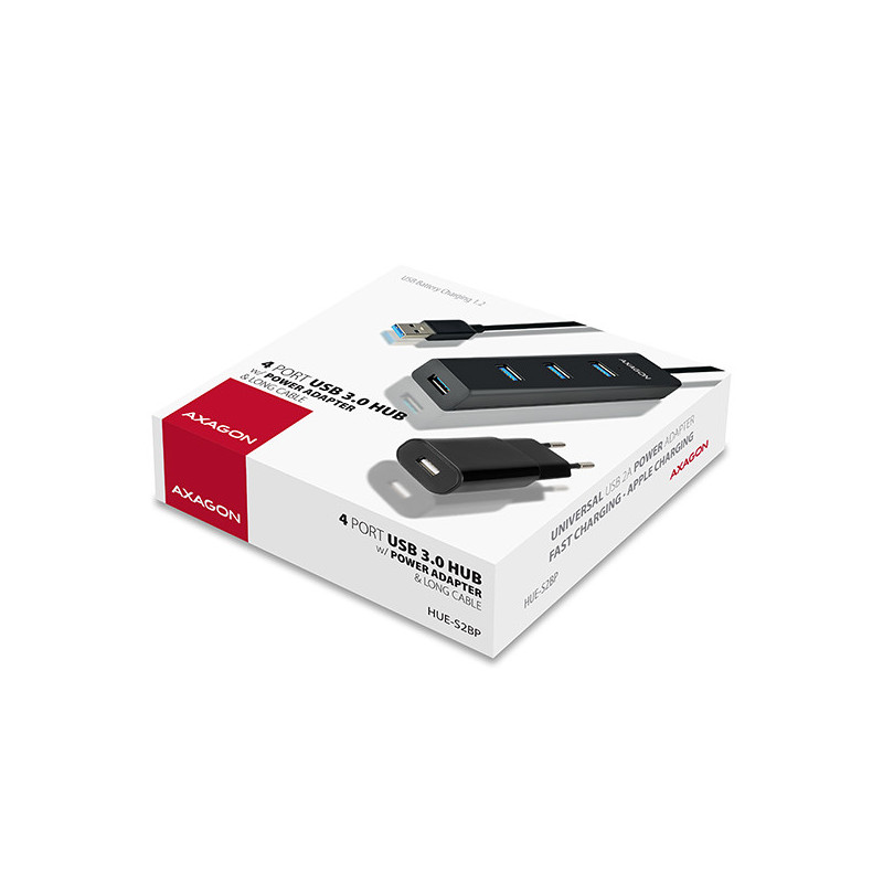 AXAGON HUE-S2BP, 4x USB 3.0 CHARGING hub, vr. AC adaptéra, kábel USB-A 1.2m
