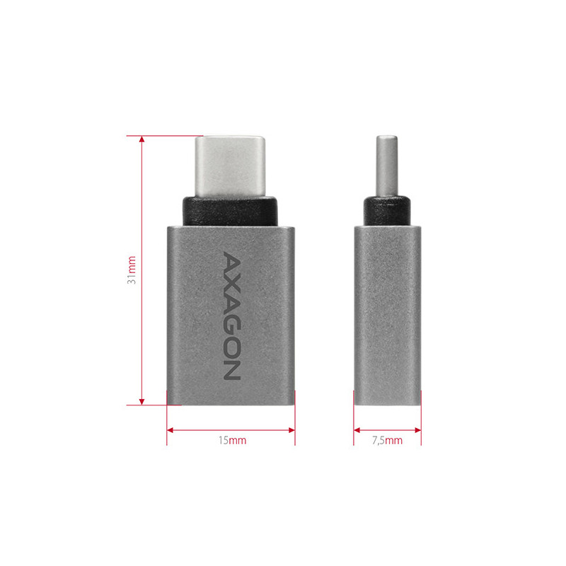 AXAGON RUCM-AFA, redukcia USB-C (M) → USB-A (F), USB 3.2 Gen 2, 3A, ALU