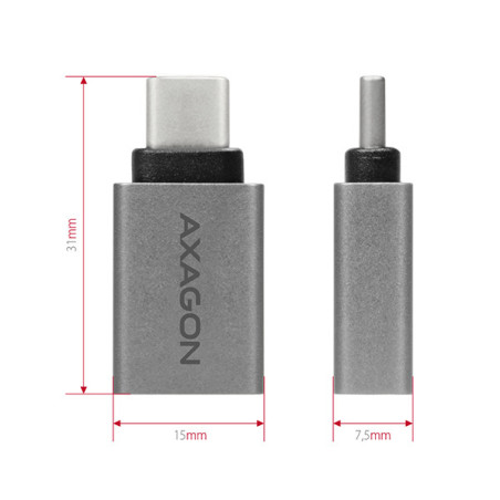 AXAGON RUCM-AFA, redukcia USB-C (M) → USB-A (F), USB 3.2 Gen 2, 3A, ALU