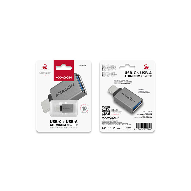 AXAGON RUCM-AFA, redukcia USB-C (M) → USB-A (F), USB 3.2 Gen 2, 3A, ALU