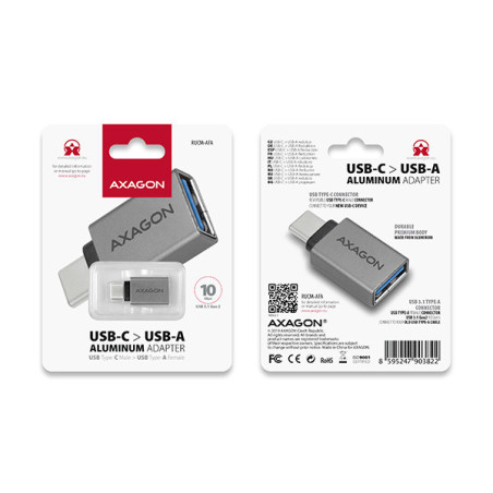 AXAGON RUCM-AFA, redukcia USB-C (M) → USB-A (F), USB 3.2 Gen 2, 3A, ALU