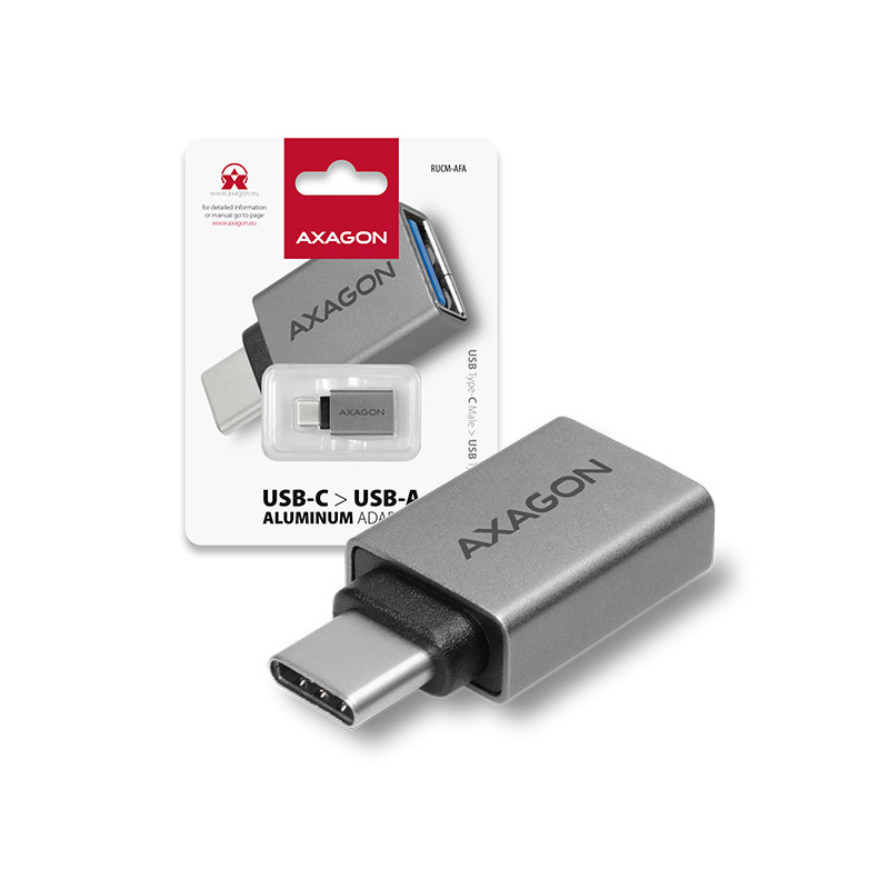 AXAGON RUCM-AFA, redukcia USB-C (M) → USB-A (F), USB 3.2 Gen 2, 3A, ALU
