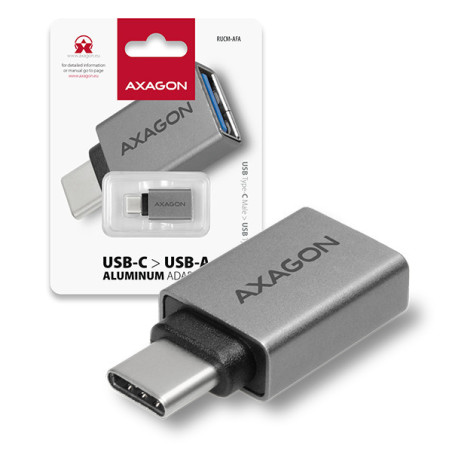 AXAGON RUCM-AFA, redukcia USB-C (M) → USB-A (F), USB 3.2 Gen 2, 3A, ALU