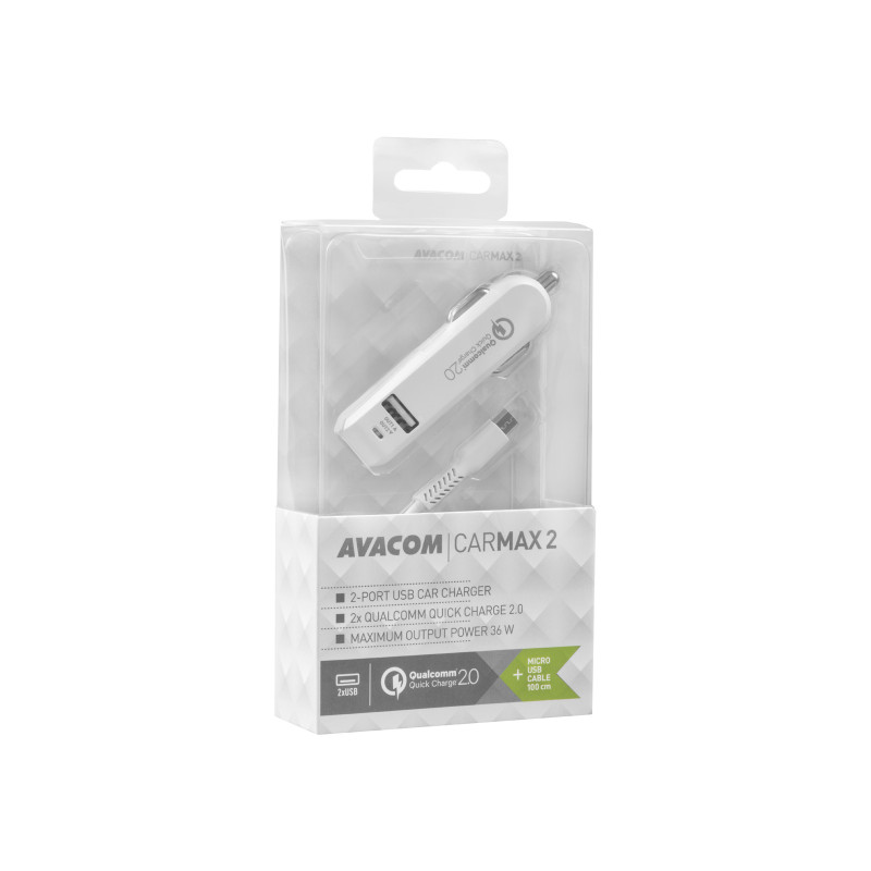 AVACOM CarMAX 2 nabíjačka do auta 2x Qualcomm Quick Charge 2.0, biela farba (micro USB kábel)