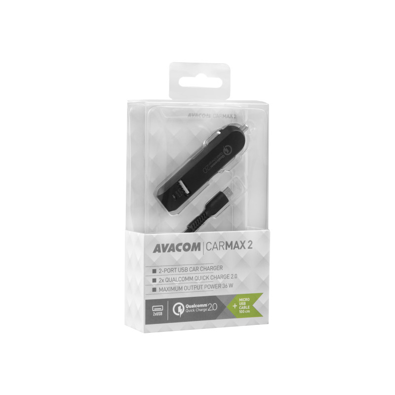 AVACOM CarMAX 2 nabíjačka do auta 2x Qualcomm Quick Charge 2.0, čierna farba (micro USB kábel)